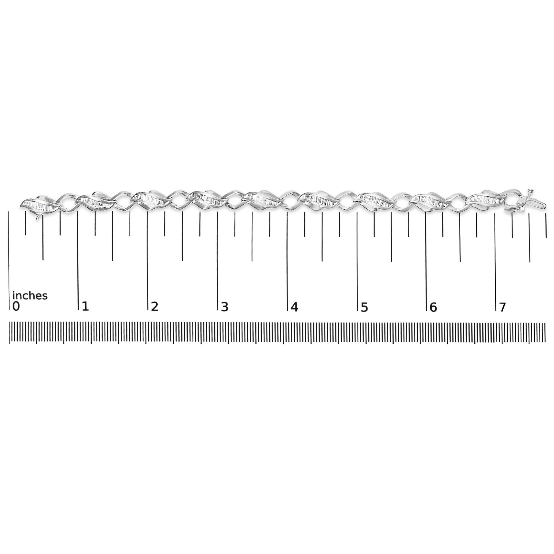 White metal bracelet with alternating twisted links set with white baguette-shaped gemstones in a channel setting, shown lying flat on a ruler scale, top-down angle.
