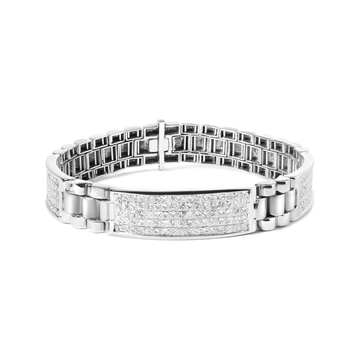 White metal bracelet with princess-shaped white gemstones in an invisible setting across multiple panels, shown in a front angle view.