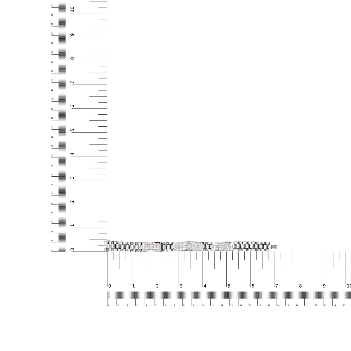 White metal bracelet with three rectangular sections set with small white gemstones in invisible settings, displayed flat on a ruler for size reference, top-down angle.