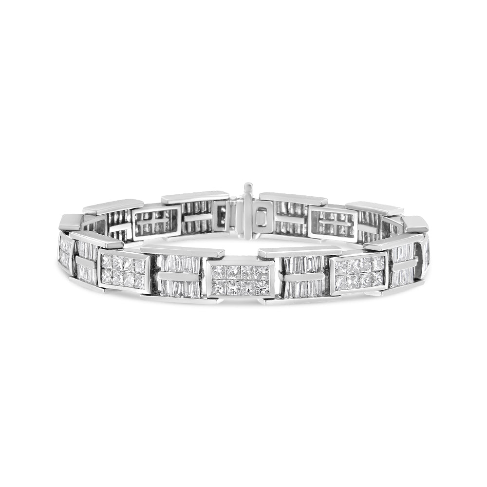 White metal bracelet shown in a front-facing angle with alternating sections of baguette-shaped white gemstones set in channel setting and square-shaped white gemstones set invisibly.