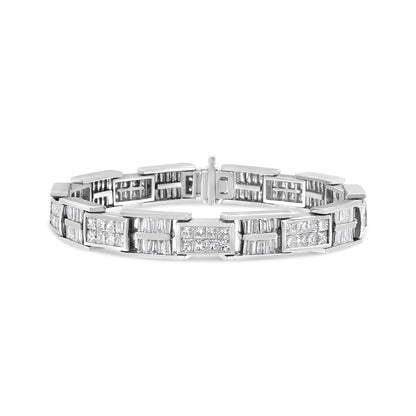 White metal bracelet shown in a front-facing angle with alternating sections of baguette-shaped white gemstones set in channel setting and square-shaped white gemstones set invisibly.