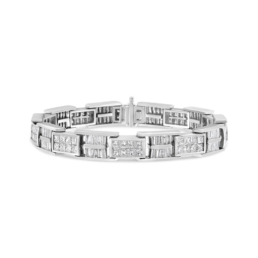 White metal bracelet shown in a front-facing angle with alternating sections of baguette-shaped white gemstones set in channel setting and square-shaped white gemstones set invisibly.