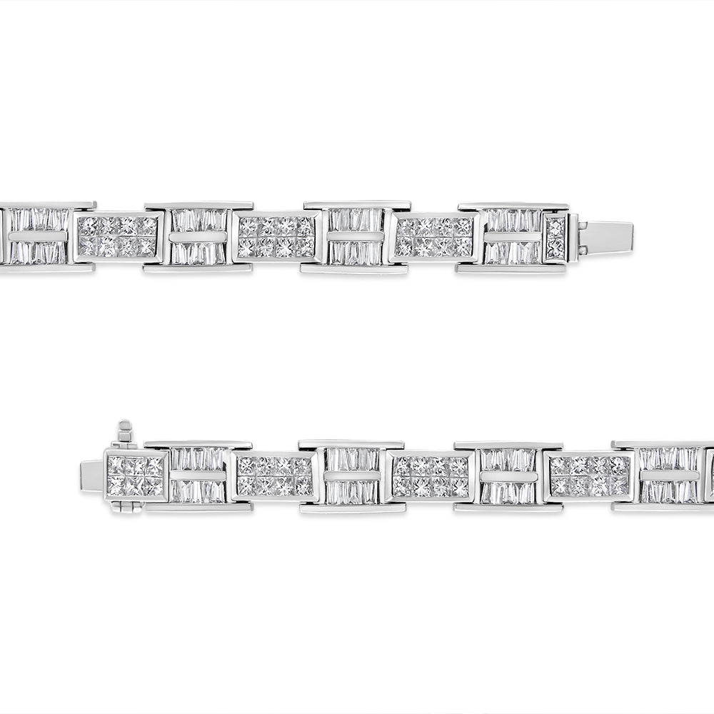 Close-up top-down view of a white bracelet featuring alternating rectangular links adorned with baguette-shaped and princess-shaped white gemstones in channel and invisible settings. The bracelet is shown laid flat on a white background.