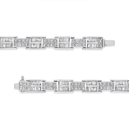 Close-up top-down view of a white bracelet featuring alternating rectangular links adorned with baguette-shaped and princess-shaped white gemstones in channel and invisible settings. The bracelet is shown laid flat on a white background.