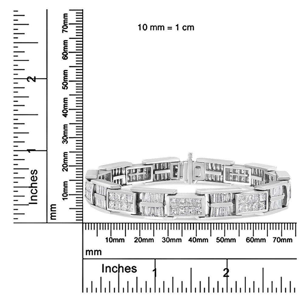 White metal bracelet with alternating sections of rectangular baguette-shaped and square princess-shaped white gemstones, shown on a scale from a front angle.