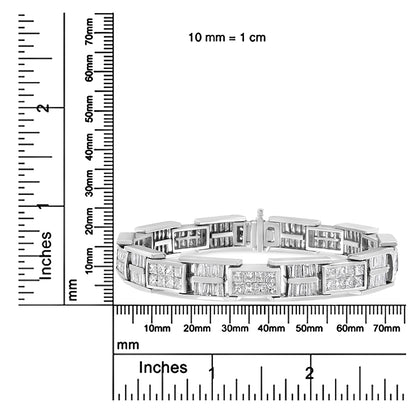 White metal bracelet with alternating sections of rectangular baguette-shaped and square princess-shaped white gemstones, shown on a scale from a front angle.