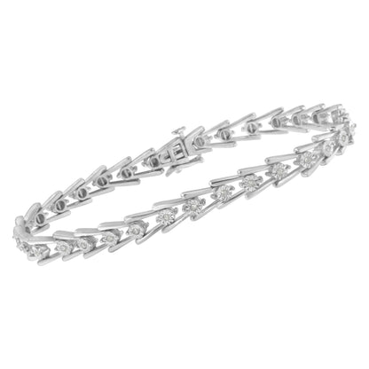 White metal bracelet with round white gemstones in miracle setting, shown at an angle.