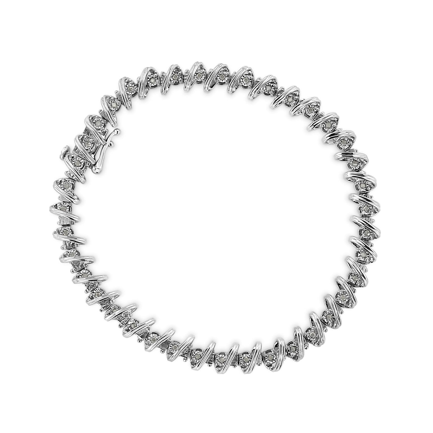 Top-down view of a white metal bracelet featuring round white gemstones in a spiral setting.