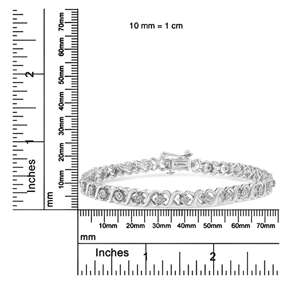 White metal bracelet with round white gemstones in miracle setting, shown on a ruler for size reference, front angle.