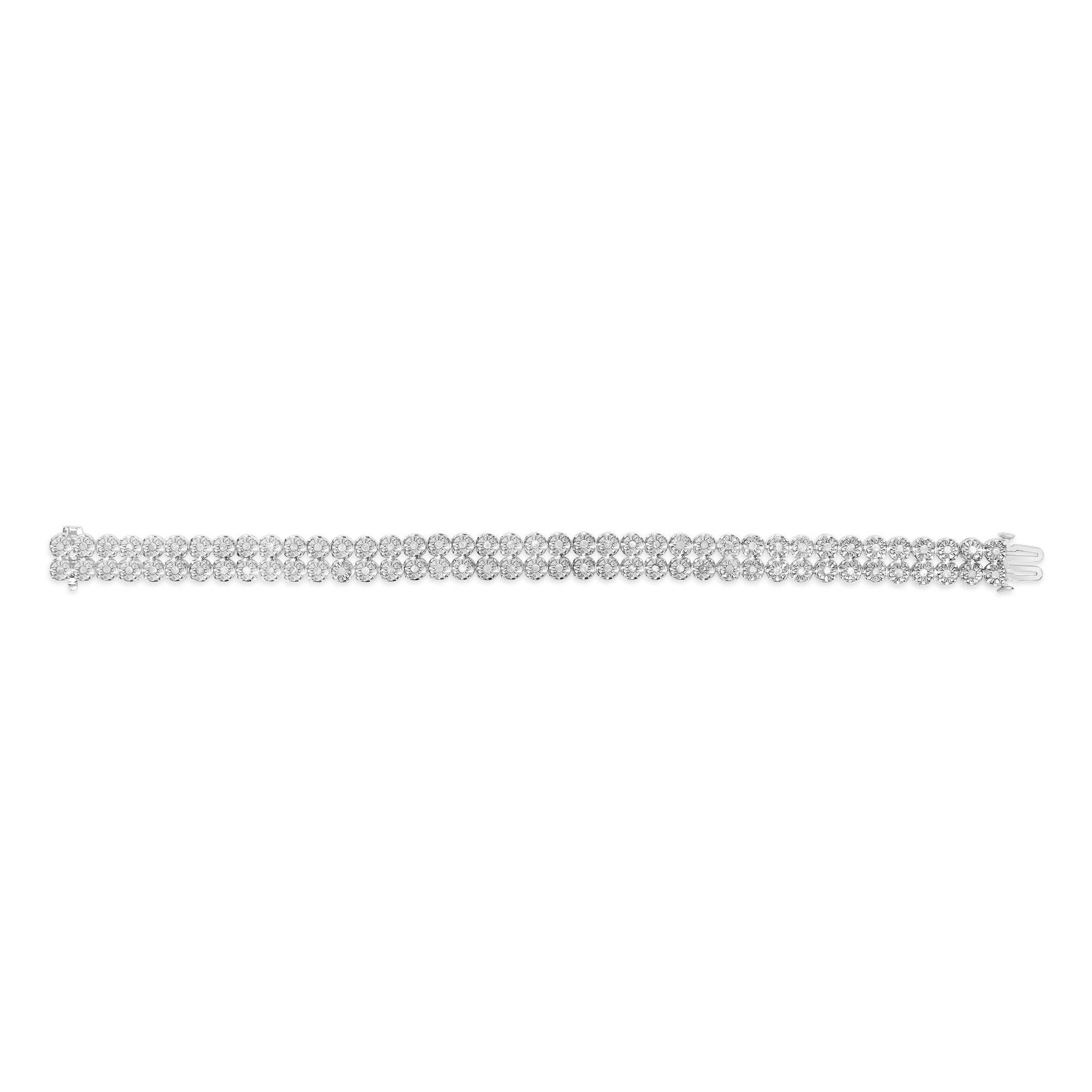 Top-down view of a white bracelet featuring two rows of round white gemstones in a miracle setting, shown on a white background.
