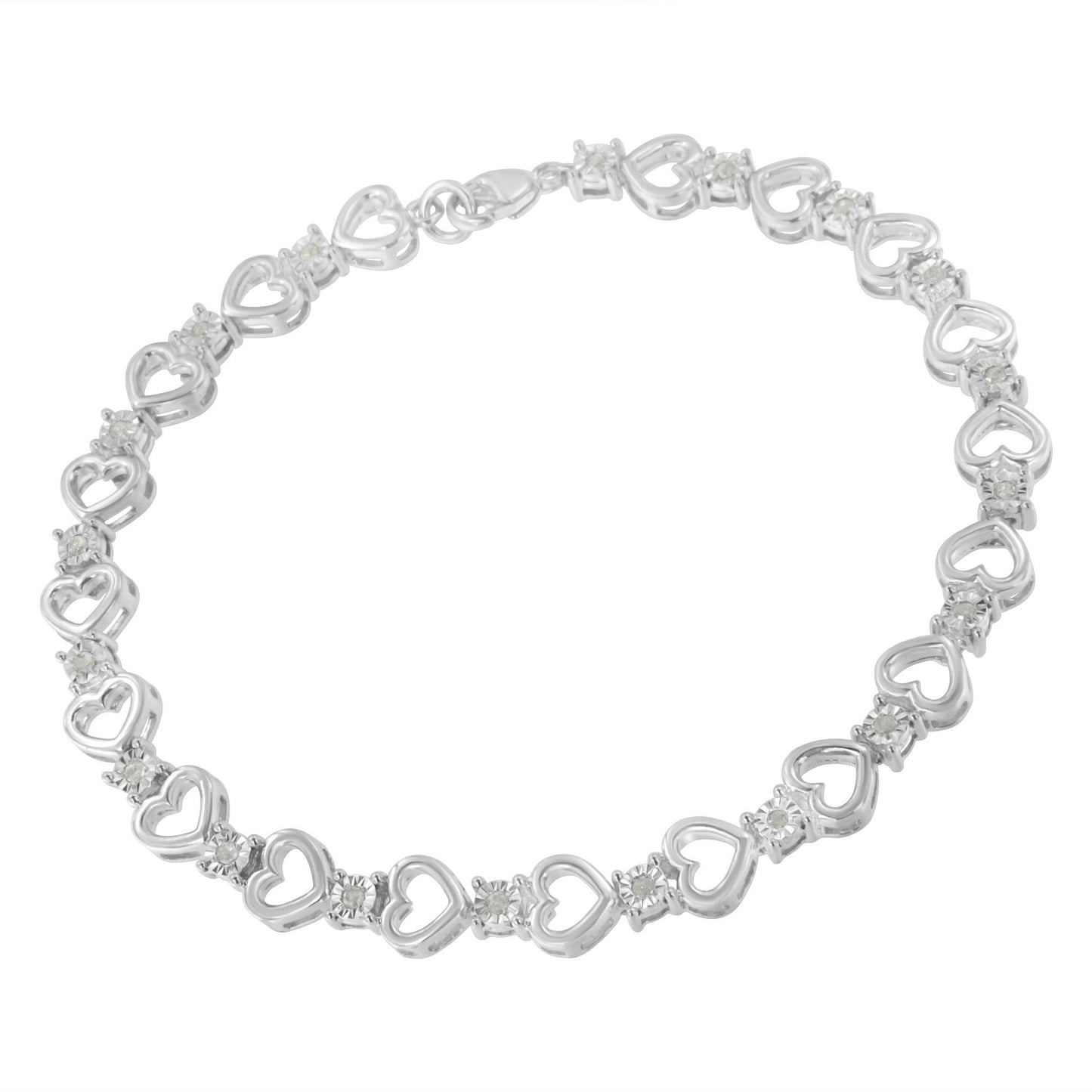 White metal heart-shaped linked bracelet with round white gemstones in miracle settings, displayed flat from a top-down angle.