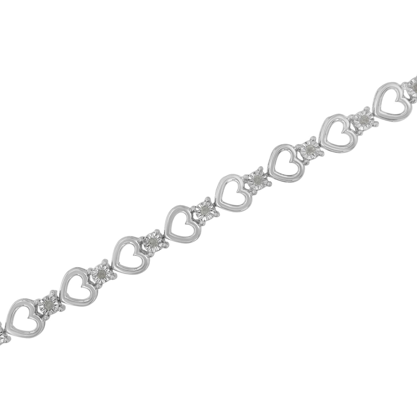 Diagonal close-up of a white metal bracelet with alternating heart shapes and round white gemstones in miracle settings.