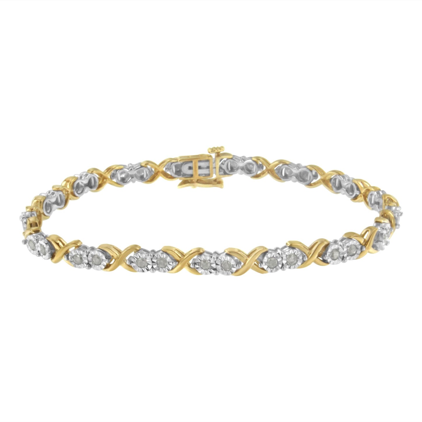 Two-toned bracelet with alternating X-shaped links and round white gemstones in a miracle setting, shown from a front-facing angle.