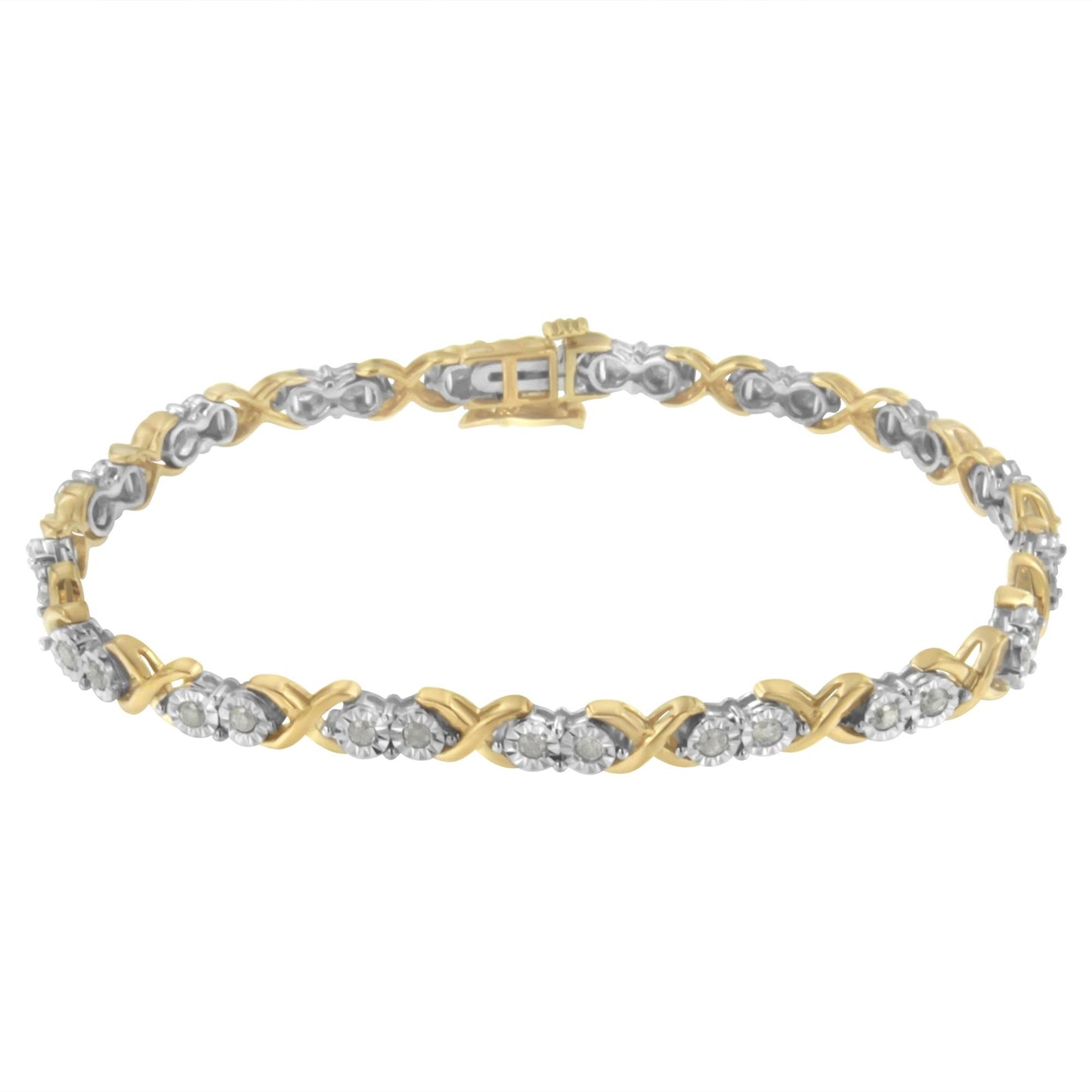 Two-toned bracelet with alternating crisscross links and round white gemstones in miracle settings, shown in a top-down angle.