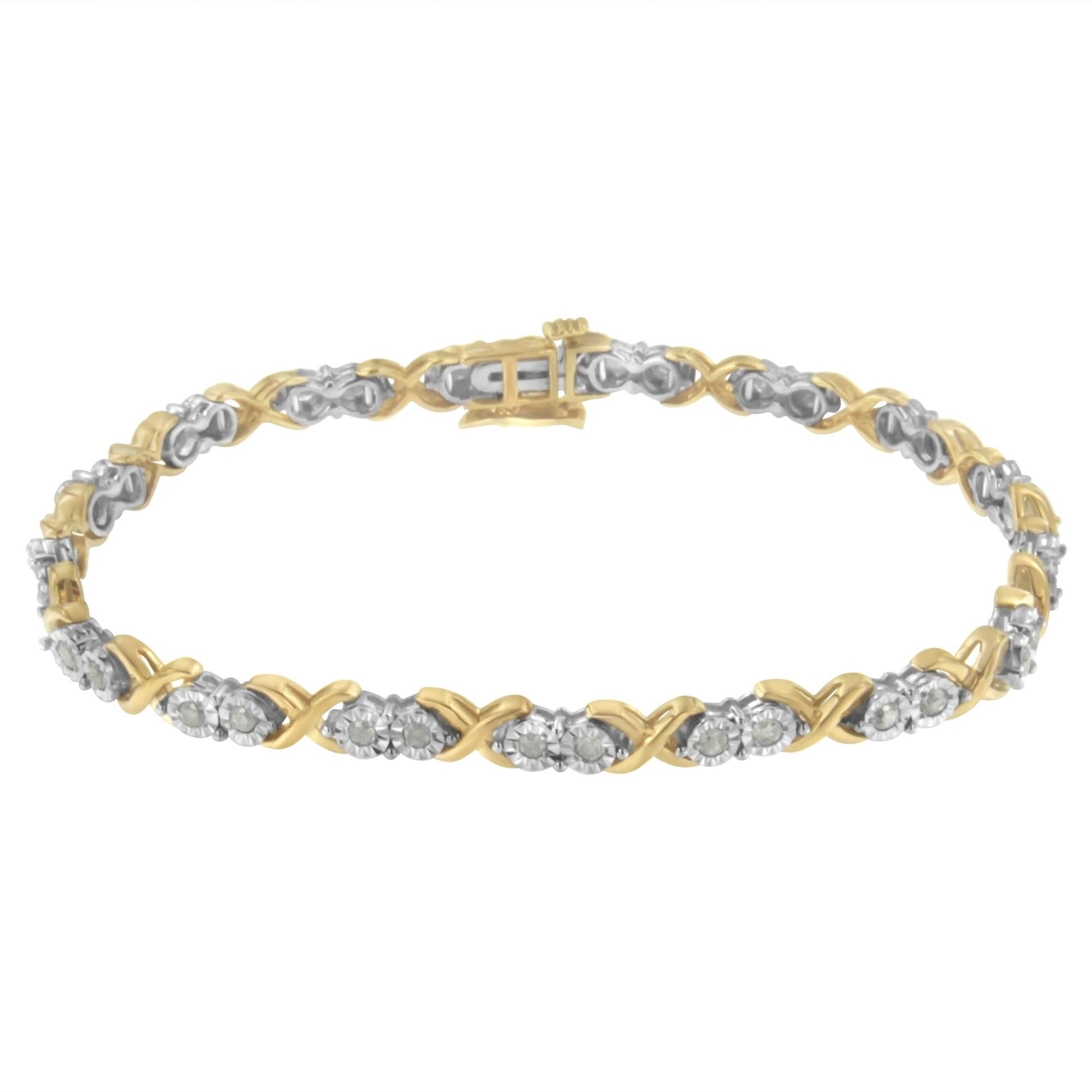 Two-toned bracelet with alternating crisscross links and round white gemstones in miracle settings, shown in a top-down angle.