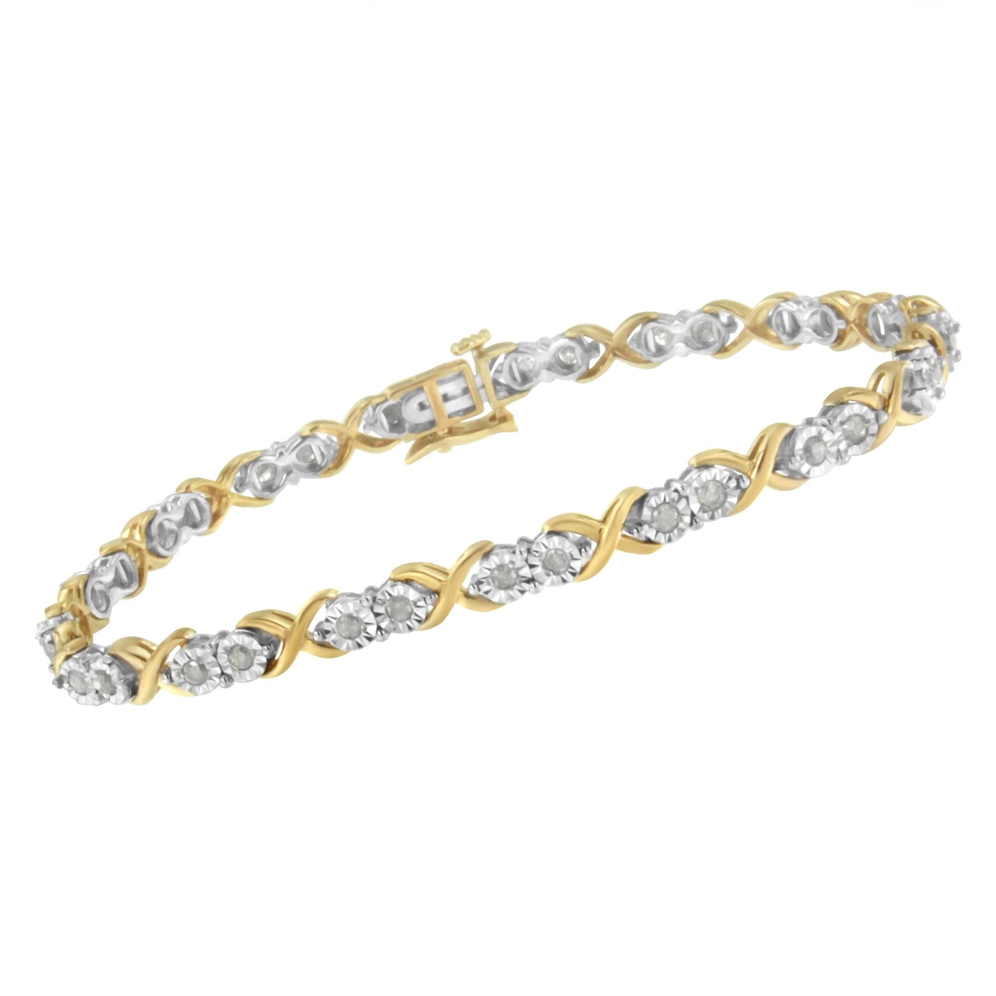 Two-toned bracelet with round white gemstones in an alternating twisted design, shown from a slight top angle.