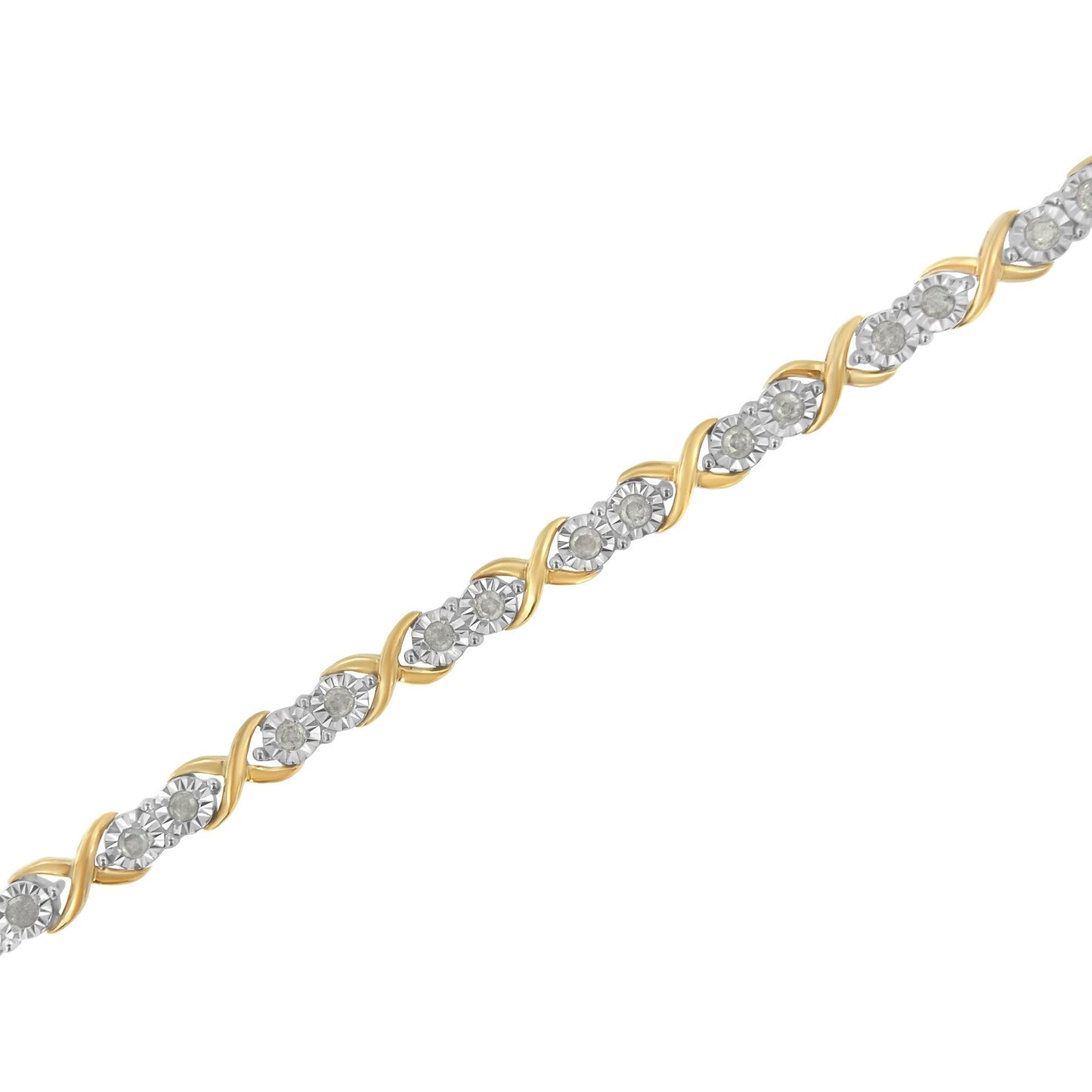 Two-toned bracelet with a twisted design featuring round white gemstones in a miracle setting, shown in a diagonal close-up angle.