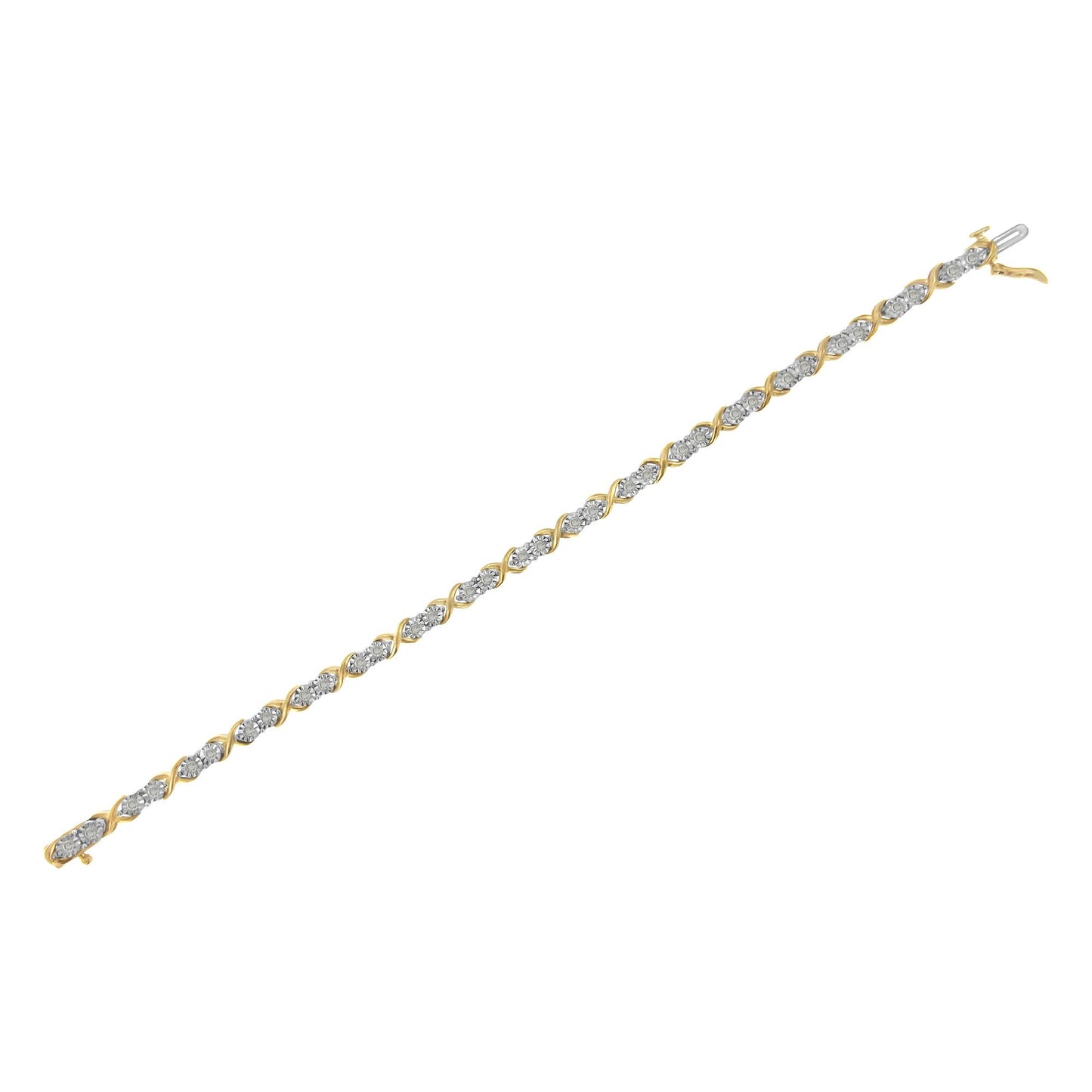 Bracelet with alternating yellow and white metal links set with round white gemstones, shown flat on a white background, angled diagonally.
