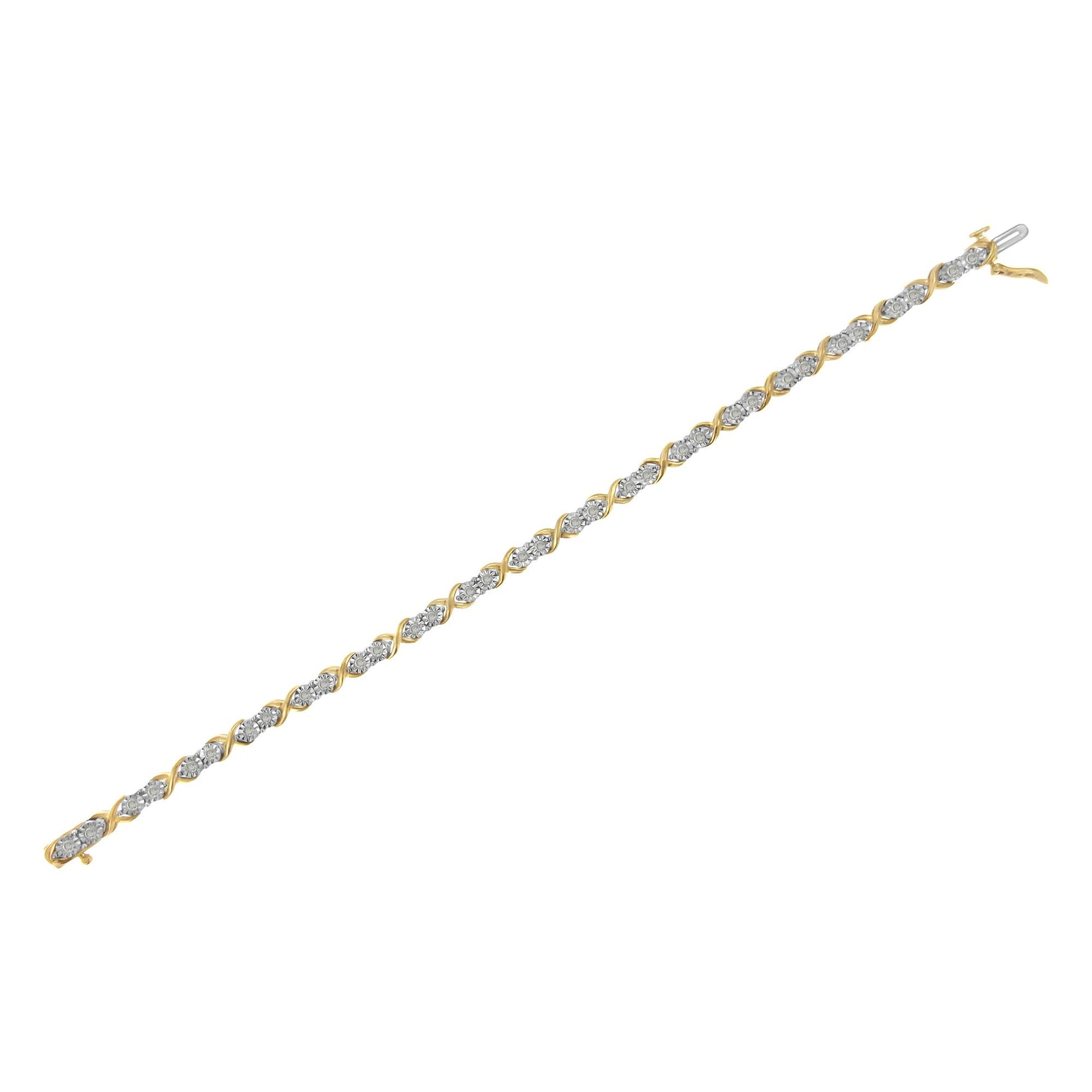 Bracelet with alternating yellow and white metal links set with round white gemstones, shown flat on a white background, angled diagonally.