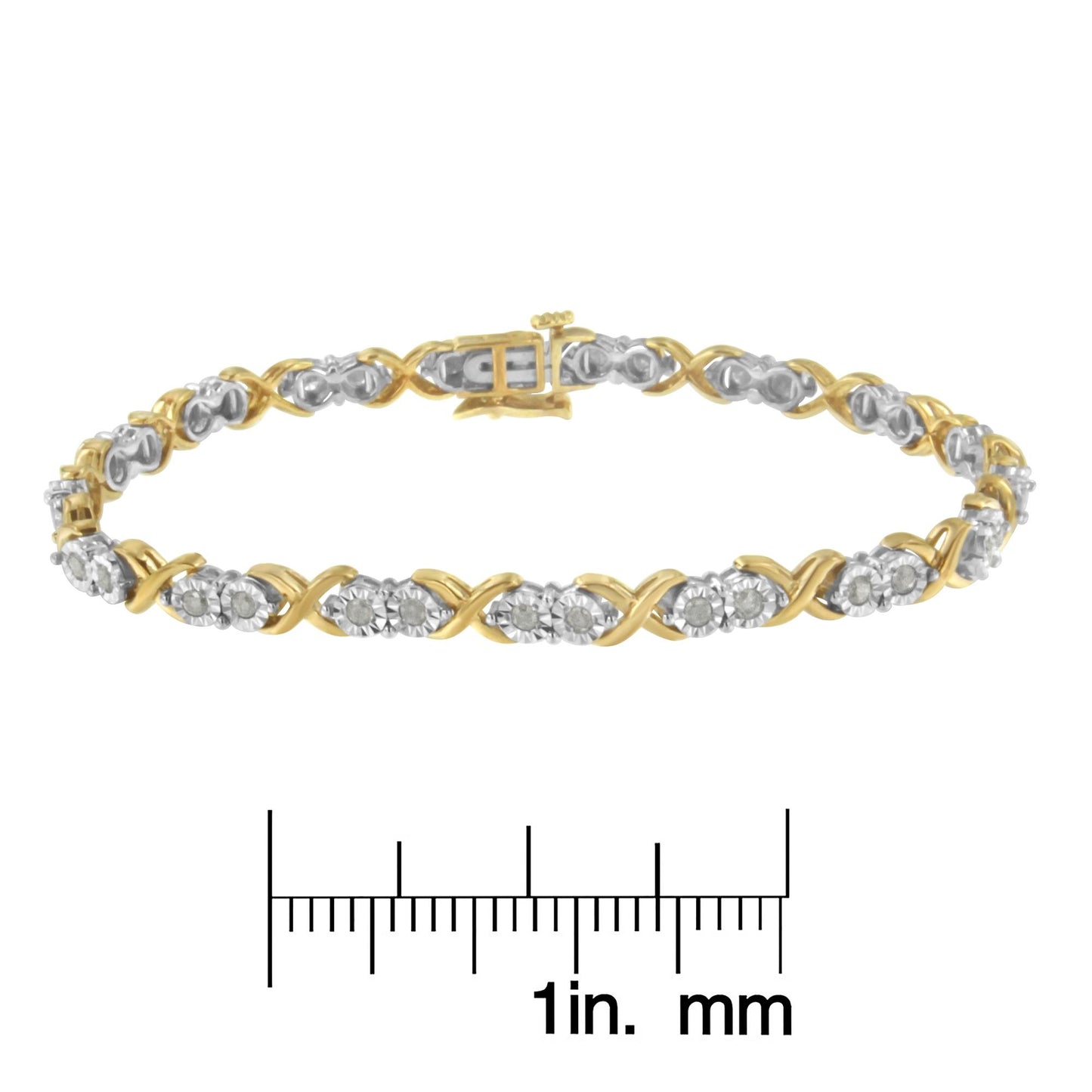 Two-toned bracelet with round white gemstones in miracle settings, photographed flat on a scale for size reference from a front angle.