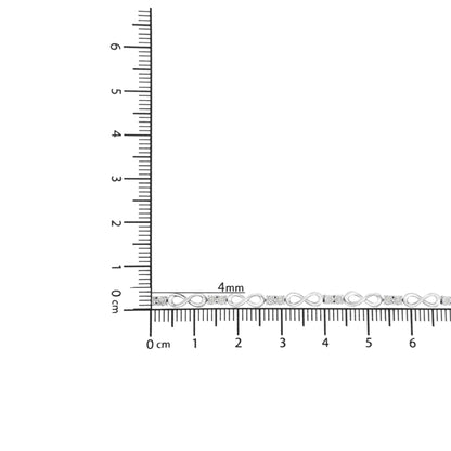 White bracelet with alternating infinity symbols and round white gemstones in miracle settings, laid flat on a ruler for size reference, top-down angle.