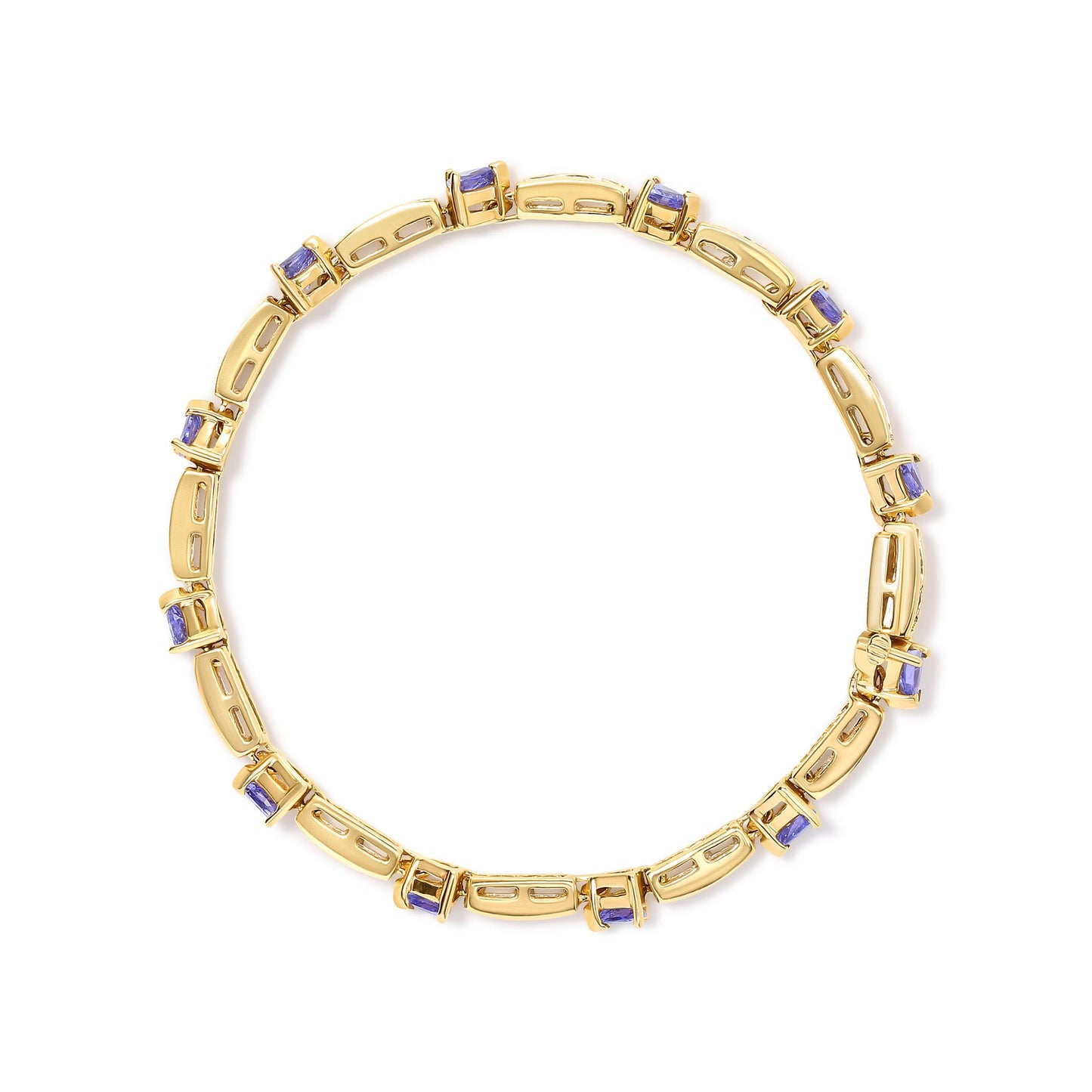 Top-down view of a yellow bracelet with alternating rectangular links and blue trillion-shaped gemstones in prong settings. White round gemstones set in channels are visible on the rectangular links.