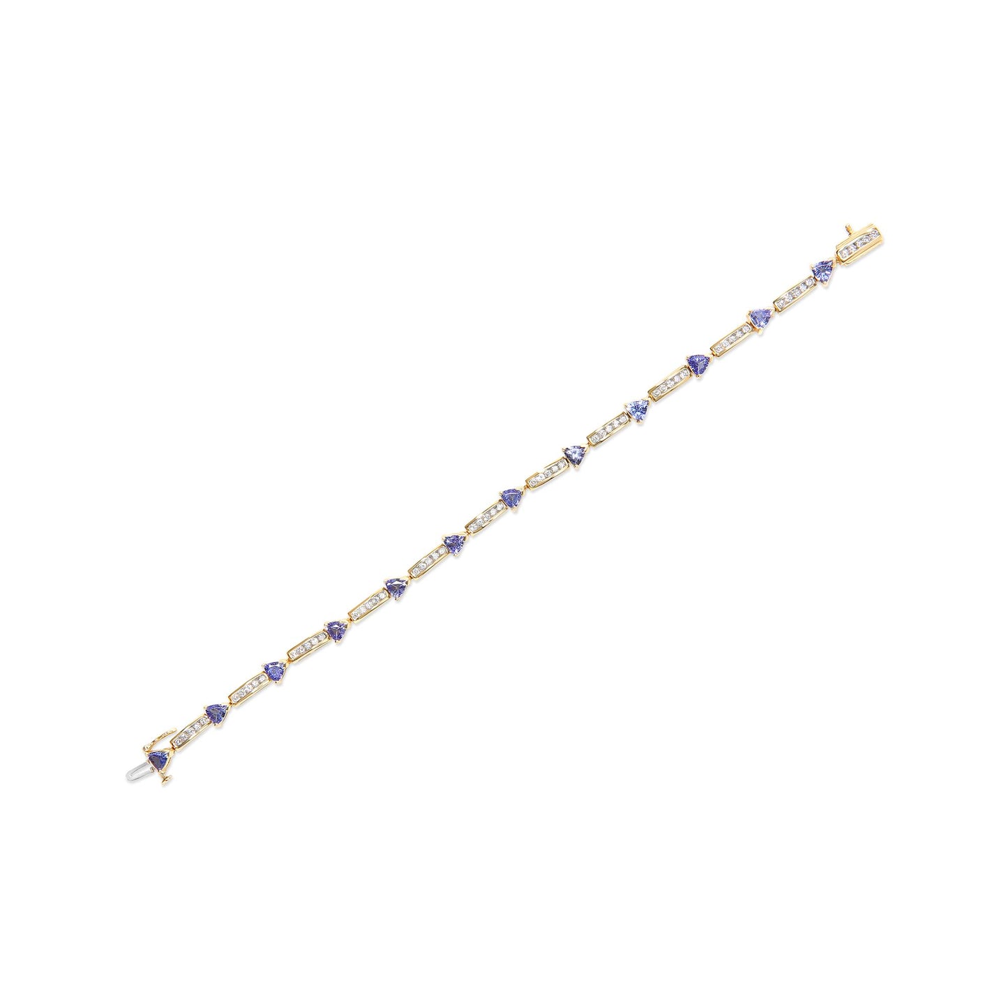 Yellow metal bracelet with alternating rectangular segments of channel-set white round gemstones and prong-set blue trillion gemstones, shown in a diagonal top-down view.