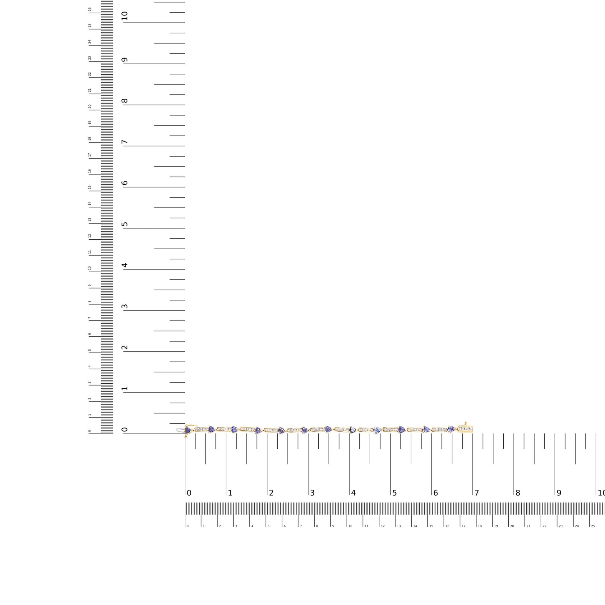 Yellow bracelet with alternating white round gemstones in channel setting and blue trillion gemstones in prong setting, displayed flat on a ruler for size reference, shot from above.