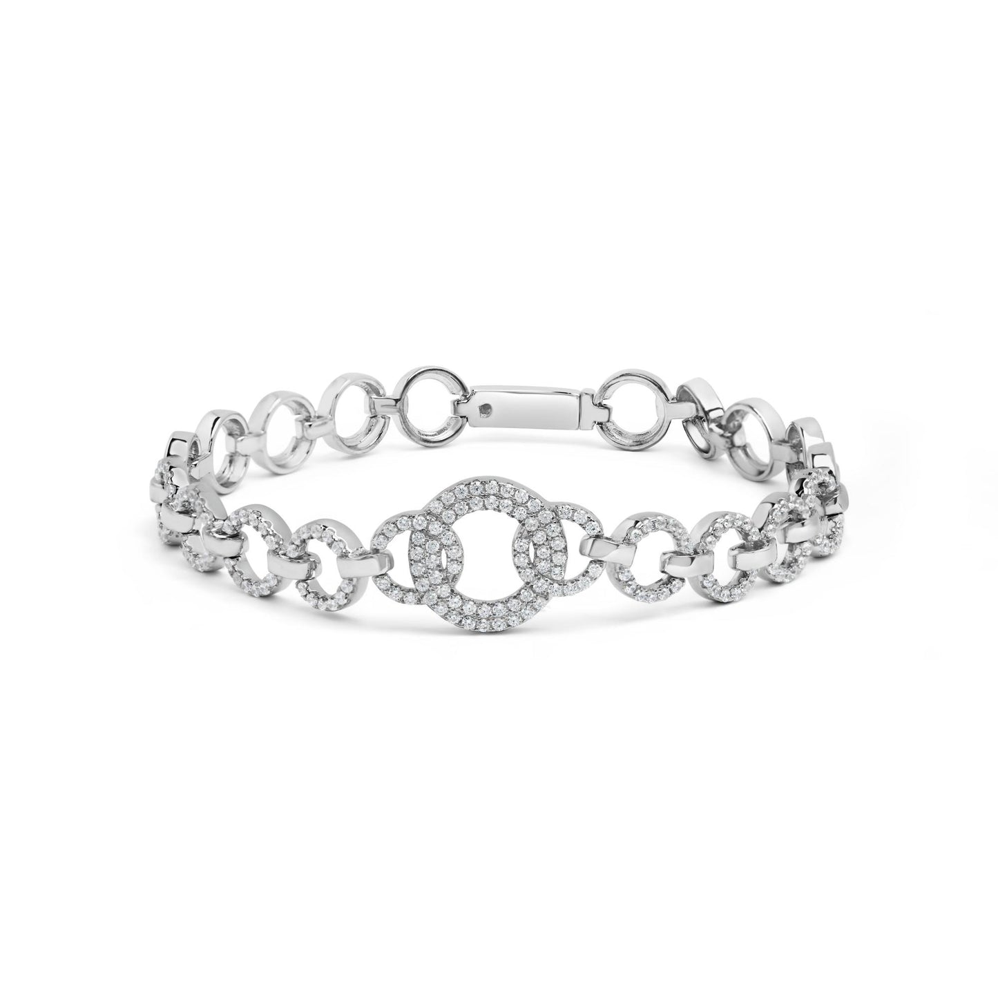 White metal bracelet with round links, some decorated with multiple small white gemstones in prong settings, shown from a front angle on a white background.