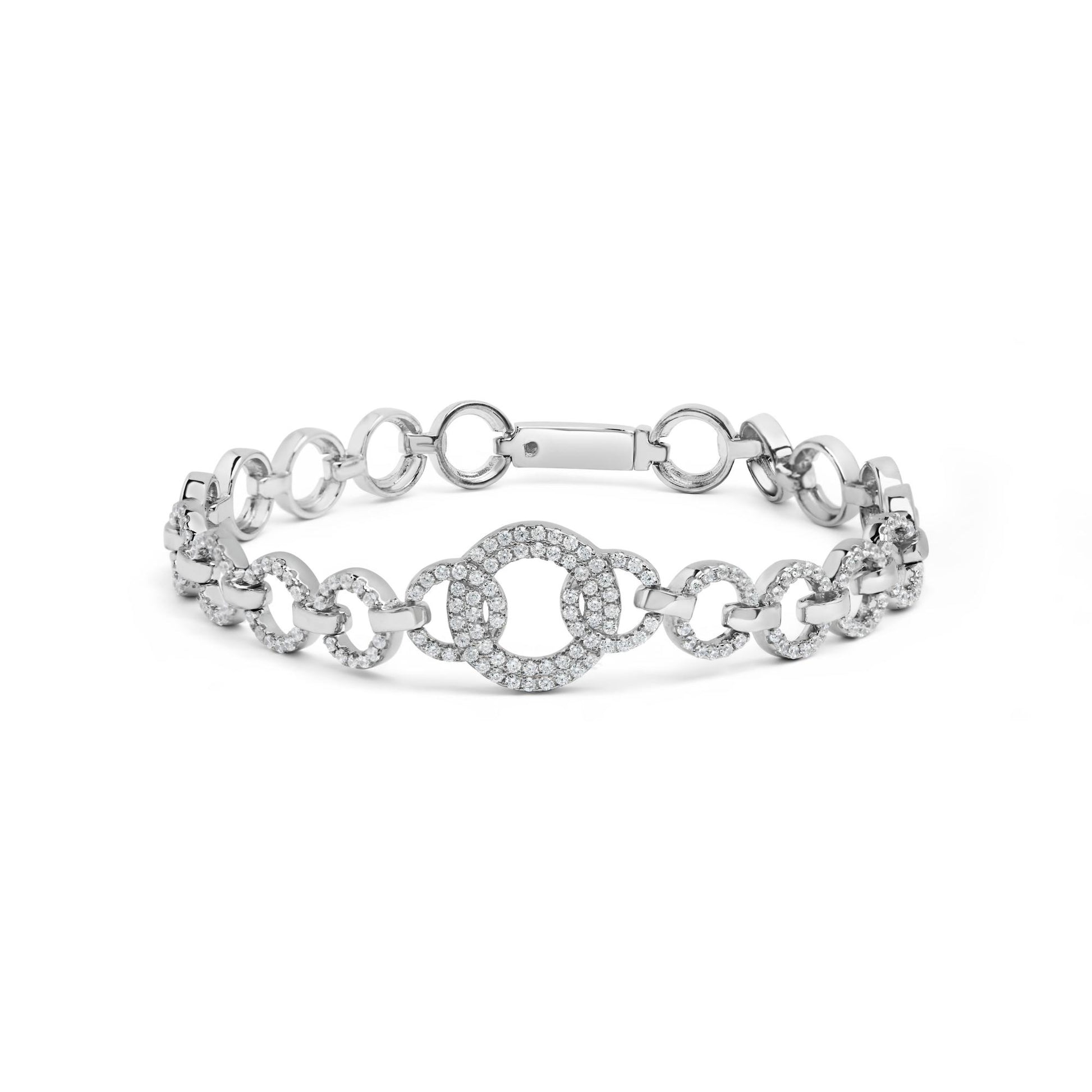 White metal bracelet with round links, some decorated with multiple small white gemstones in prong settings, shown from a front angle on a white background.