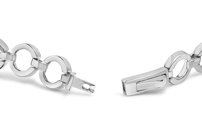 Close-up front angle of a white metal bracelet with circular links and a clasp, shown open on a white background.