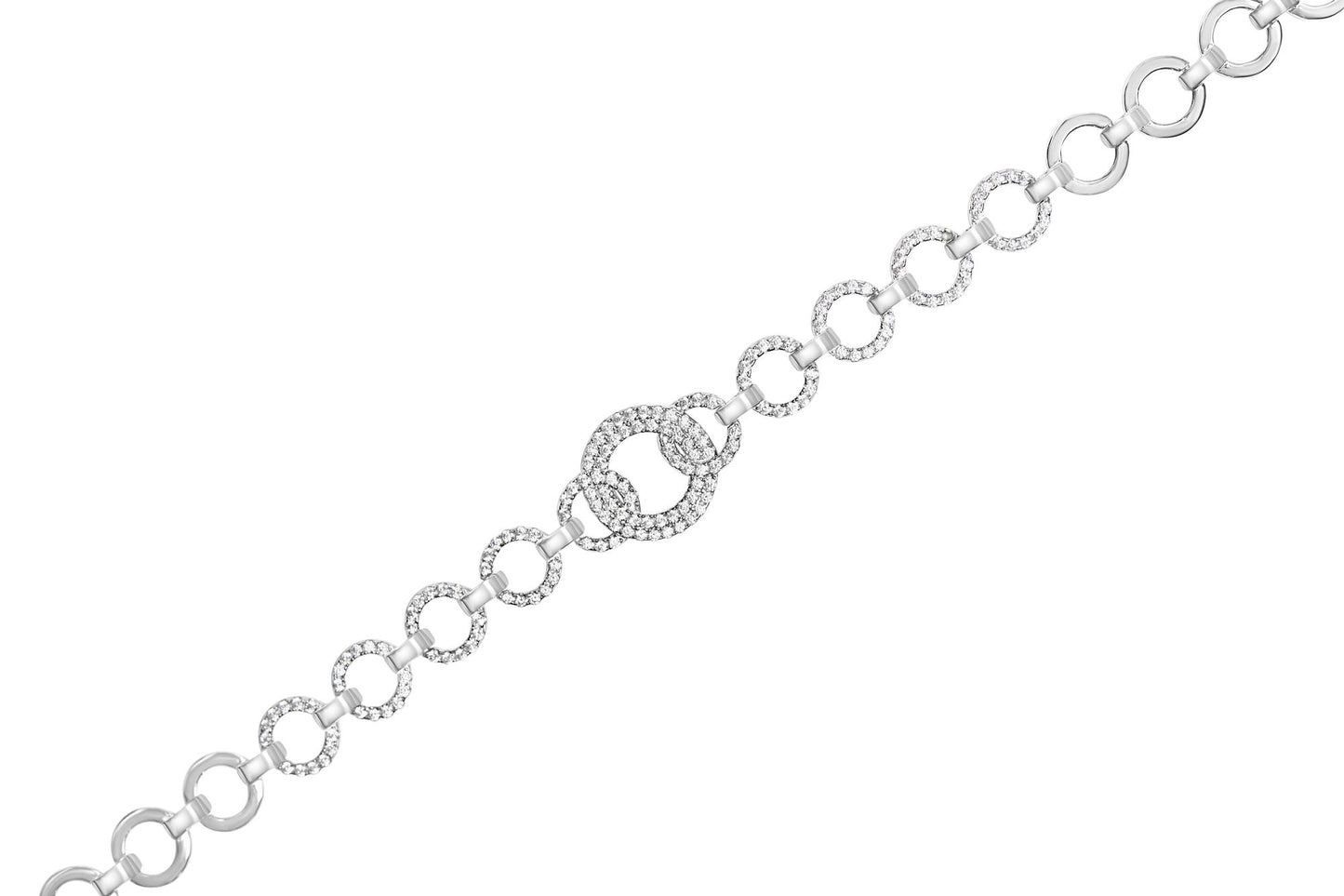 Bracelet with alternating plain and gemstone-encrusted circular links shown in a flat lay from a top-down angle.