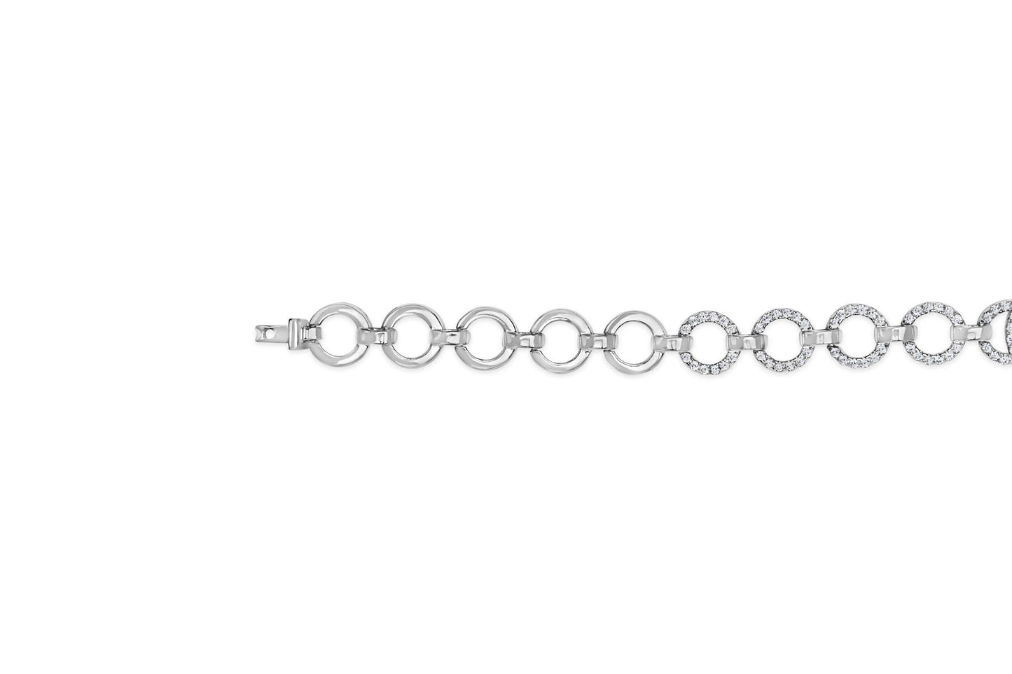 Close-up top view of a white metal bracelet featuring alternating plain and white gemstone-encrusted circular links, shown on a white background.