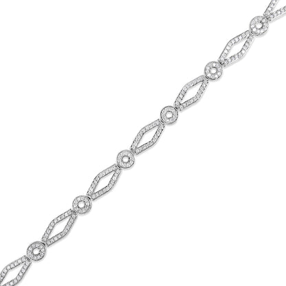 Diagonal close-up of a white metal bracelet with alternating marquise and circular links, each adorned with small white gemstones in prong settings.