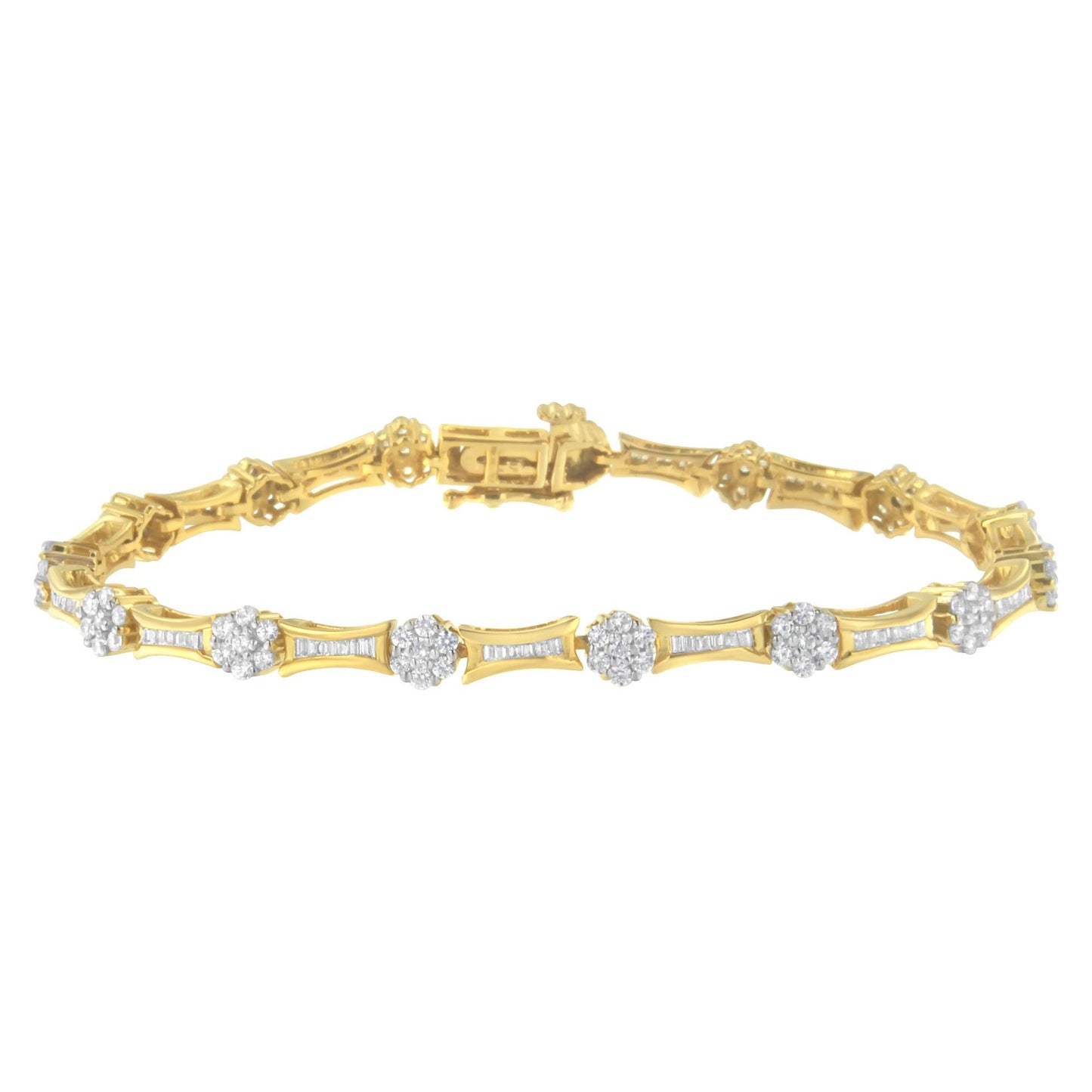 Two-toned bracelet with alternating sections of baguette-shaped gemstones in channel settings and clusters of round gemstones in prong settings, shown in a front-facing angle.