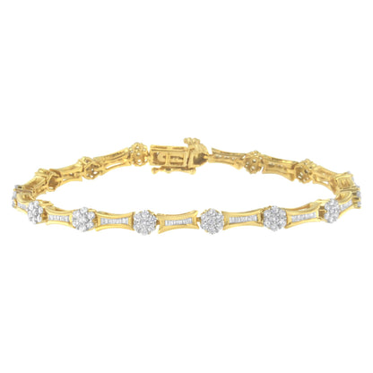 Two-toned bracelet with alternating sections of baguette-shaped gemstones in channel settings and clusters of round gemstones in prong settings, shown in a front-facing angle.