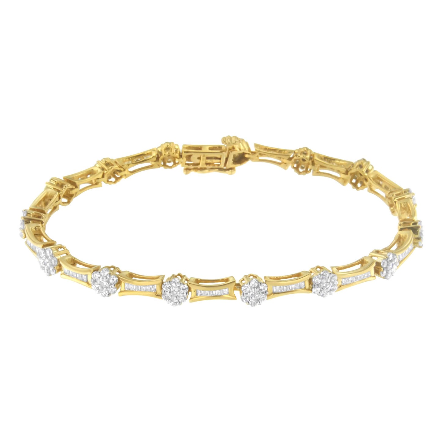 Two-toned bracelet with alternating sections of channel-set baguette-shaped white gemstones and prong-set round white gemstones, shown from a slightly angled top view.