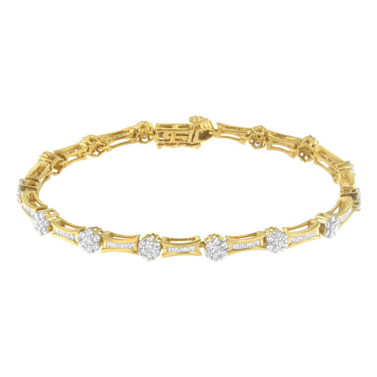Two-toned bracelet with alternating sections of channel-set baguette-shaped white gemstones and prong-set round white gemstones, shown from a slightly angled top view.
