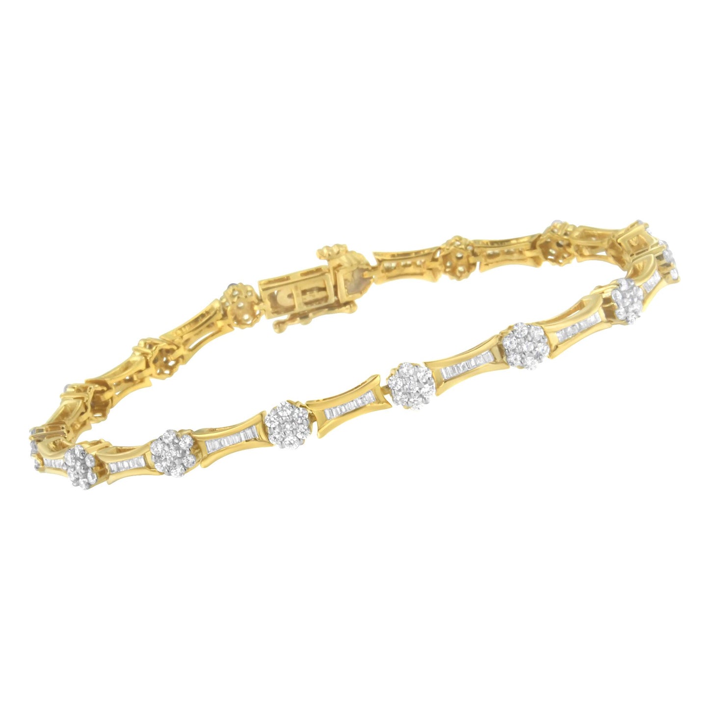 Two-toned bracelet with alternating sections of round white gemstones in clusters and baguette-shaped white gemstones in channel settings, shown in a side angled view.