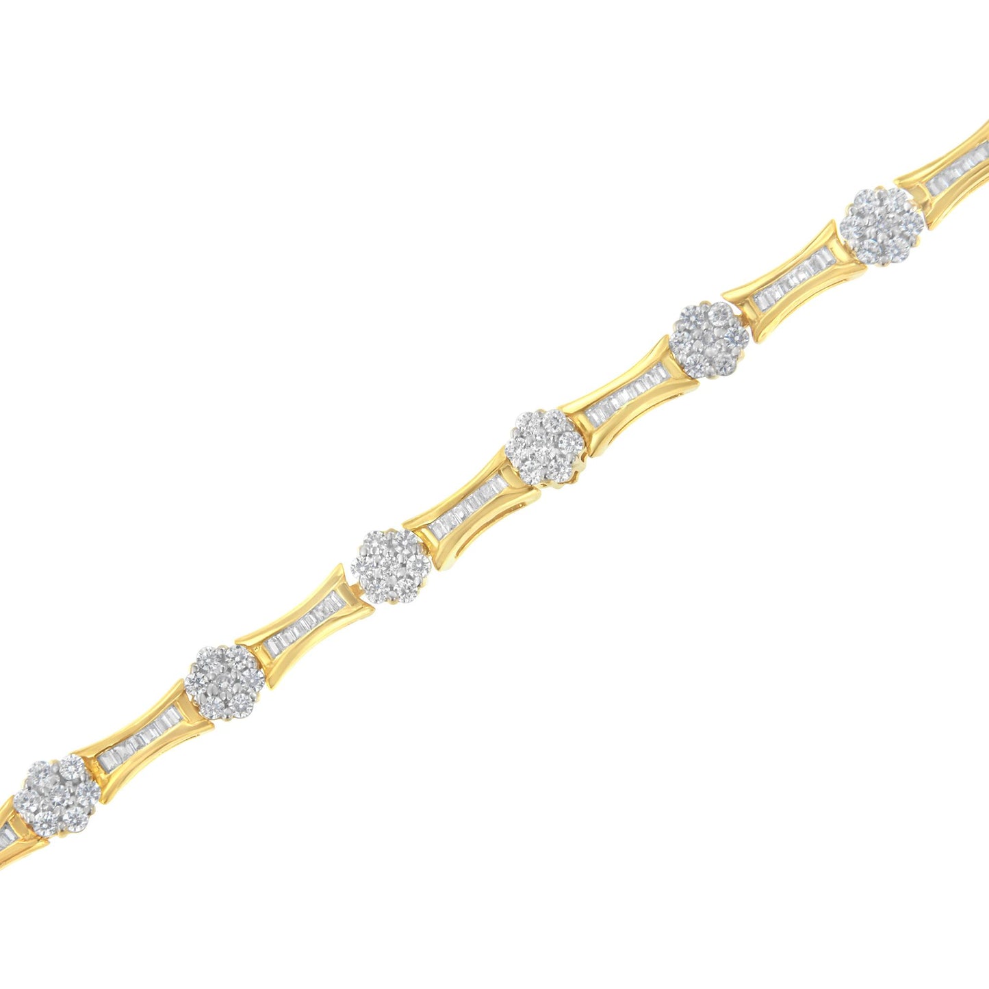 Diagonal close-up of a two-toned bracelet featuring alternating baguette-shaped channel-set and round-shaped prong-set white gemstones.