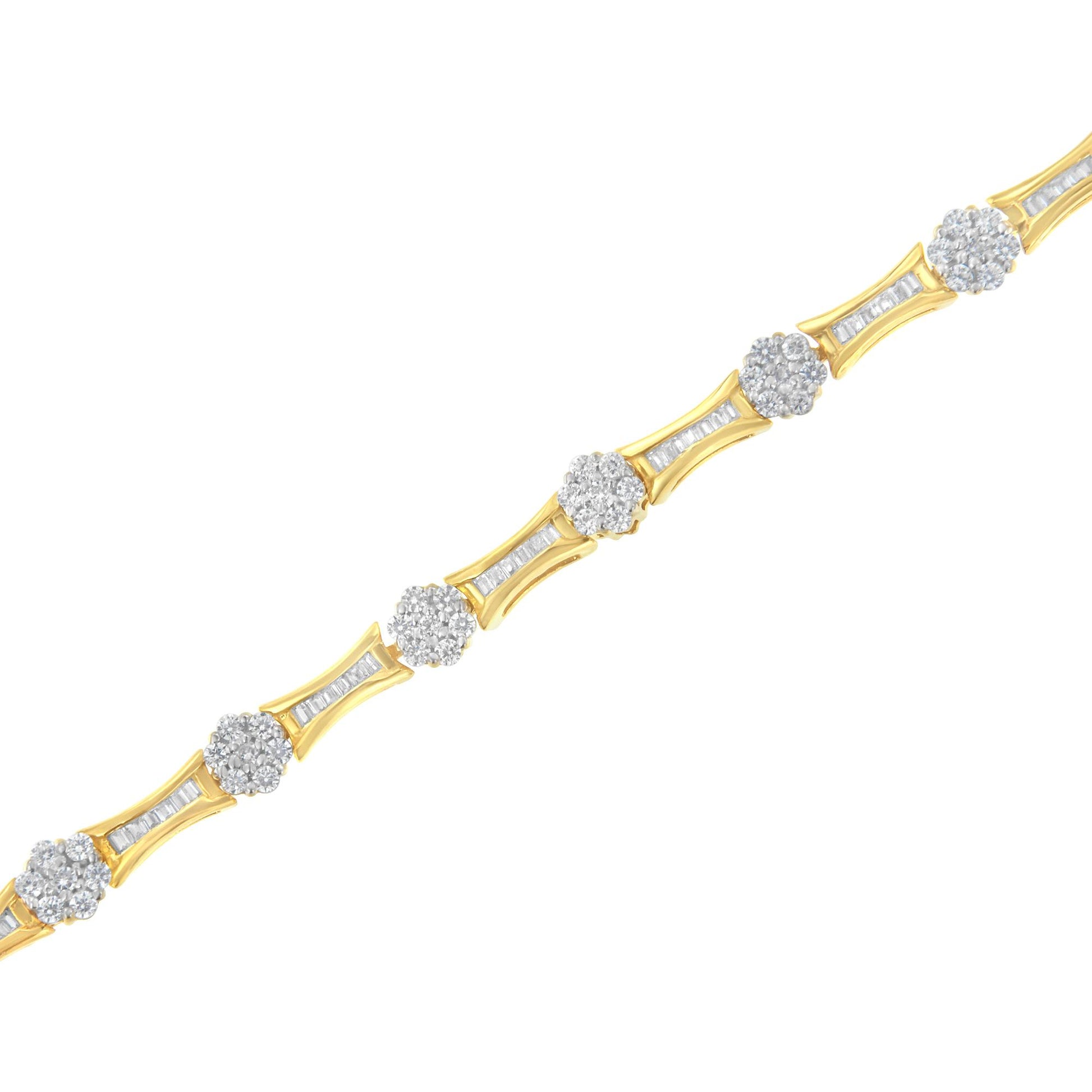 Diagonal close-up of a two-toned bracelet featuring alternating baguette-shaped channel-set and round-shaped prong-set white gemstones.
