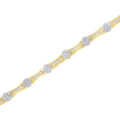Diagonal close-up of a two-toned bracelet featuring alternating baguette-shaped channel-set and round-shaped prong-set white gemstones.