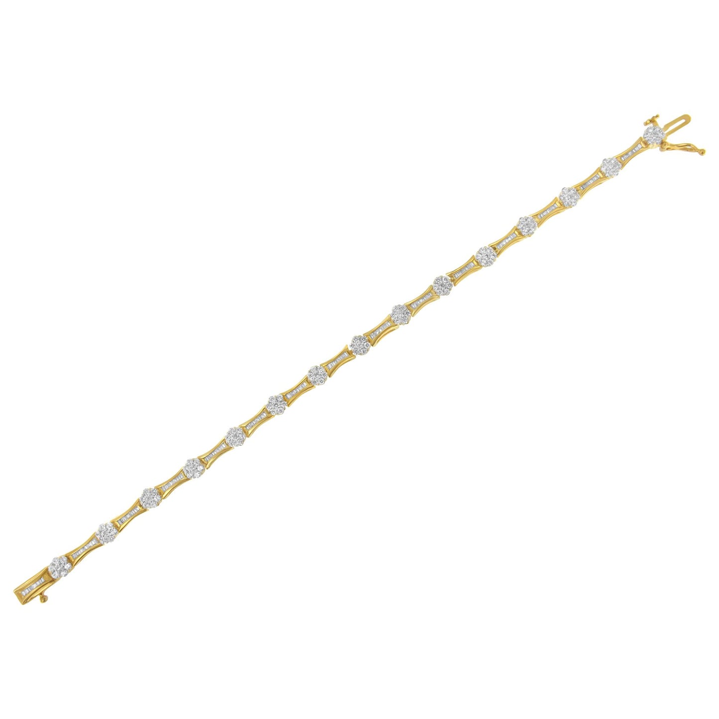 Bracelet shown flat in a diagonal top-down view, featuring yellow and white metal with alternating round white gemstones in prong settings and baguette white gemstones in channel settings.
