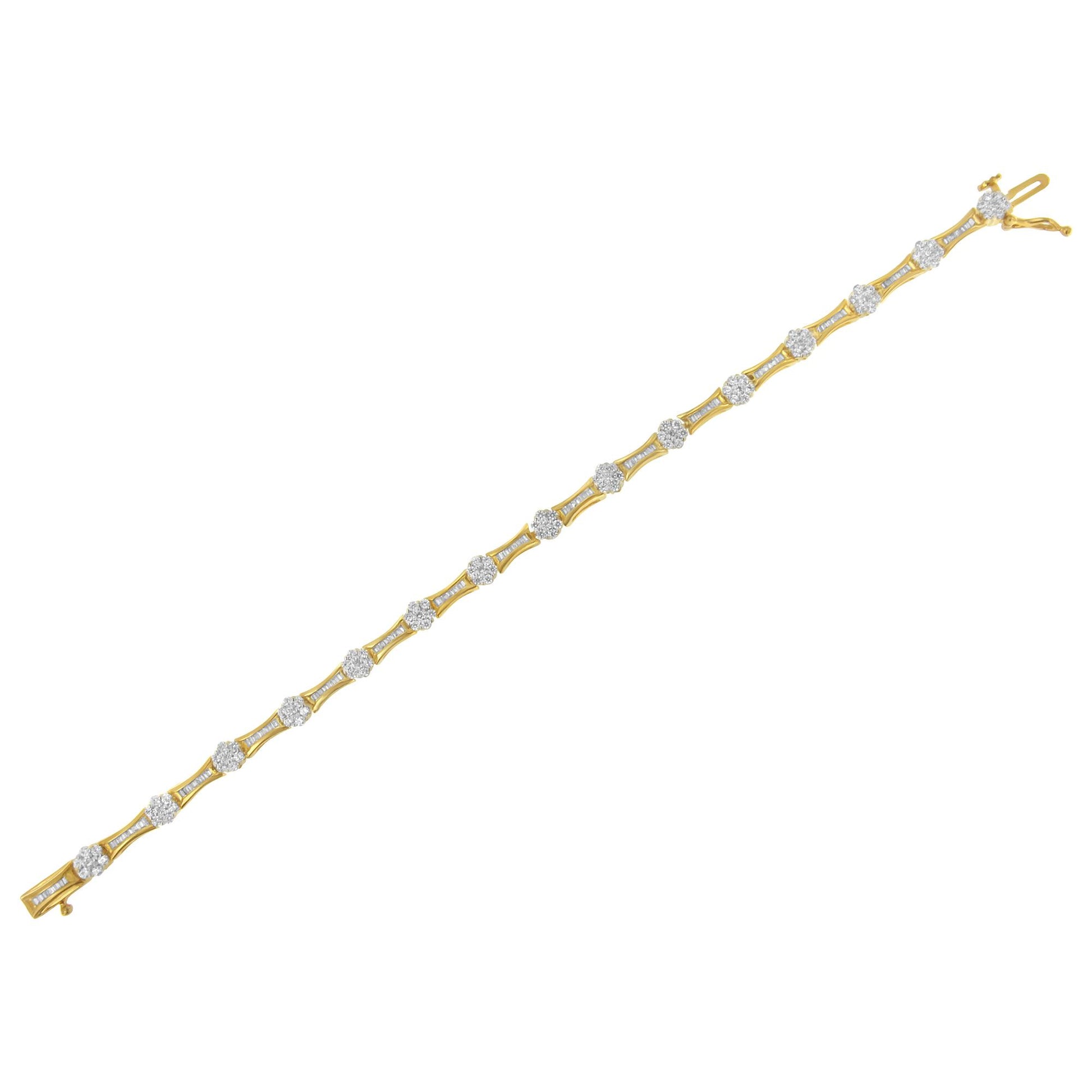 Bracelet shown flat in a diagonal top-down view, featuring yellow and white metal with alternating round white gemstones in prong settings and baguette white gemstones in channel settings.