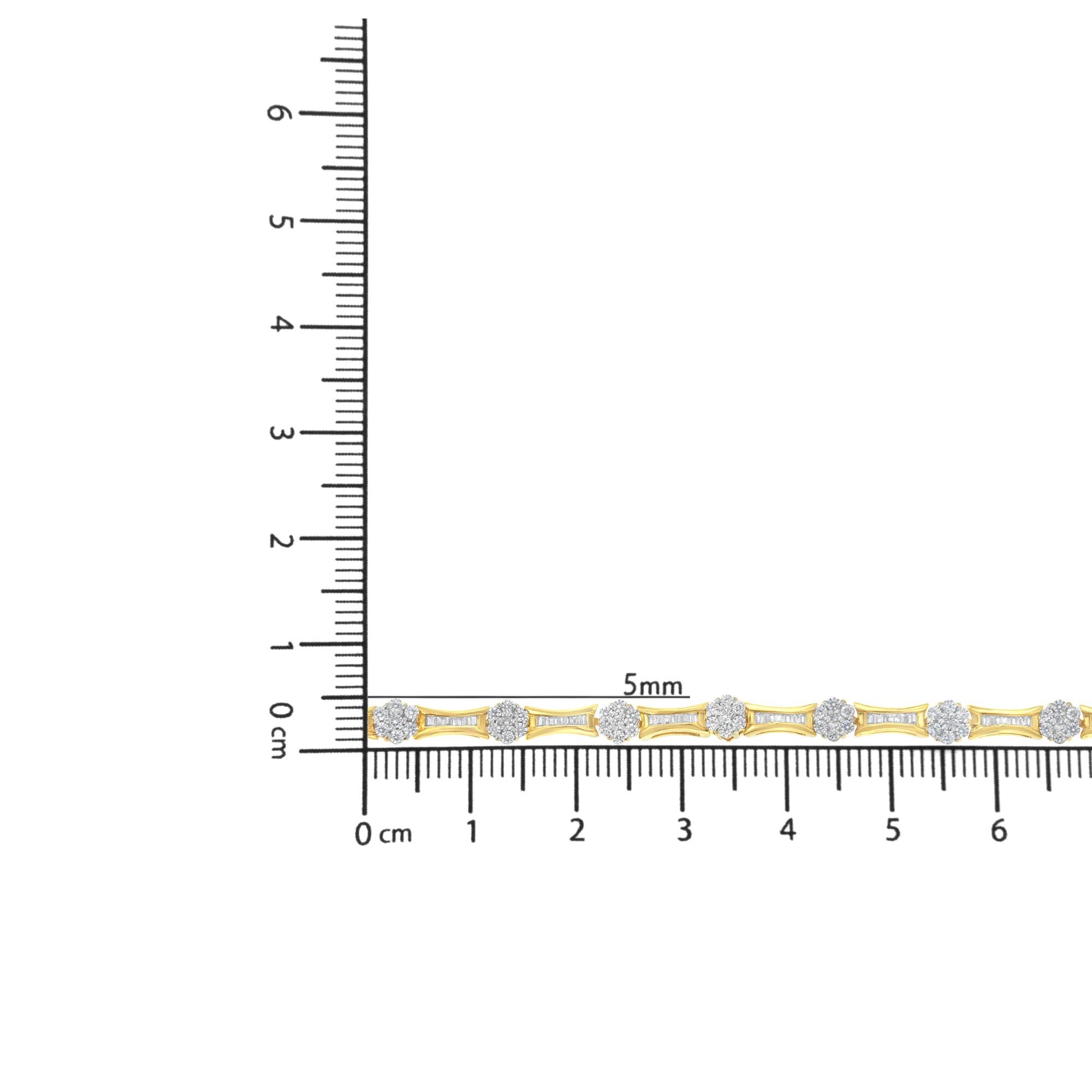 Two-toned bracelet with alternating round and baguette white gemstones in prong and channel settings, shown on a ruler for size reference, photographed from the front.