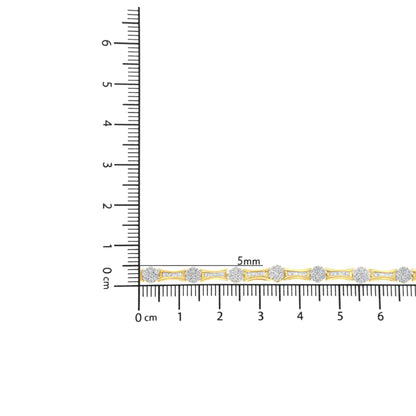 Two-toned bracelet with alternating round and baguette white gemstones in prong and channel settings, shown on a ruler for size reference, photographed from the front.