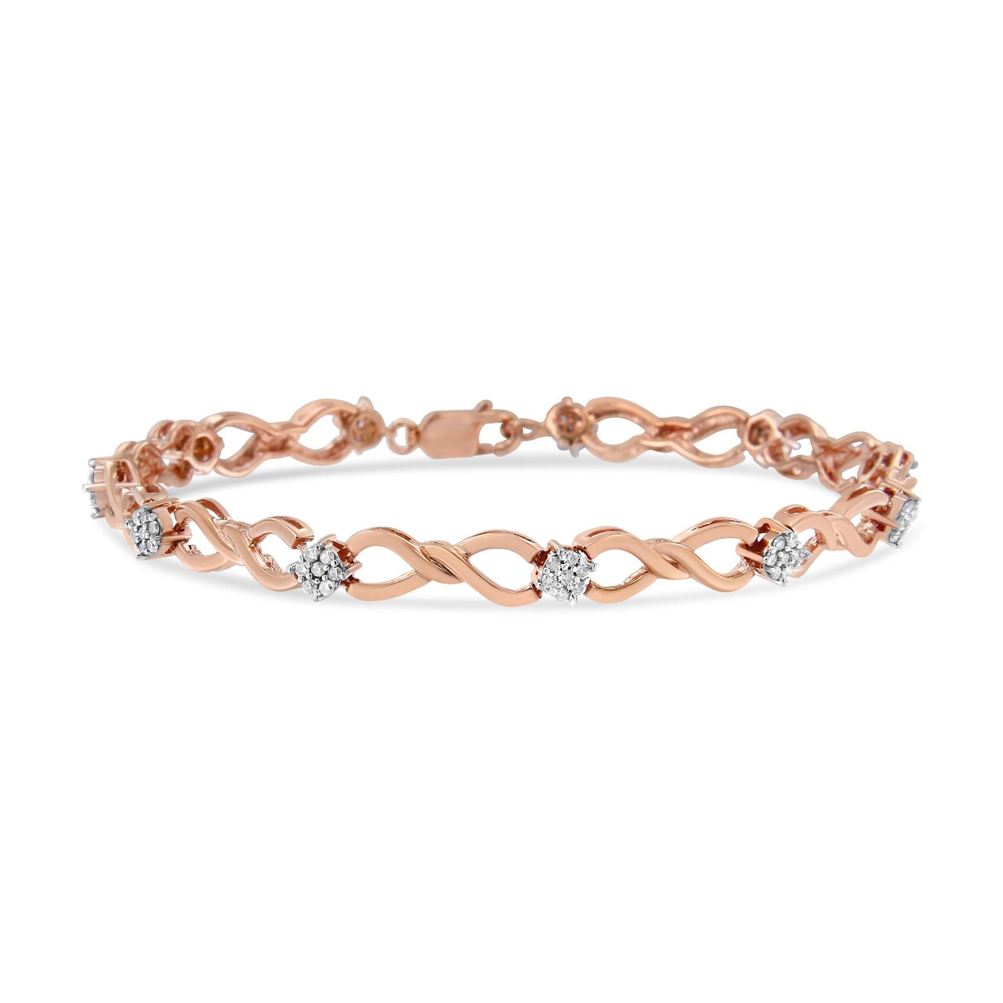 Rose metal bracelet with intertwined design and round white gemstones in a pave setting, shown from a front angled view.
