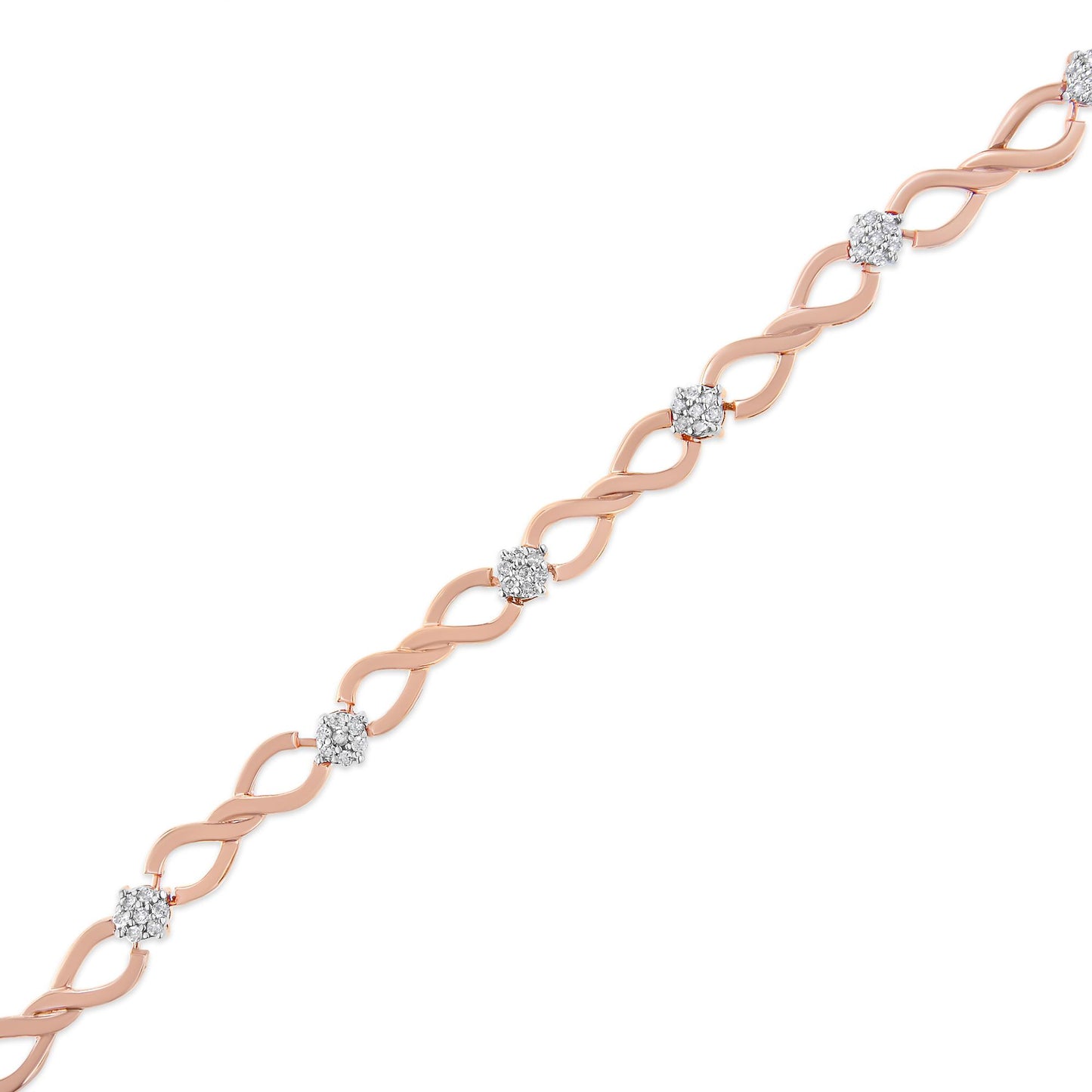 Diagonal top-down view of a rose metal bracelet with alternating twisted links and clusters of round white gemstones in pave setting.