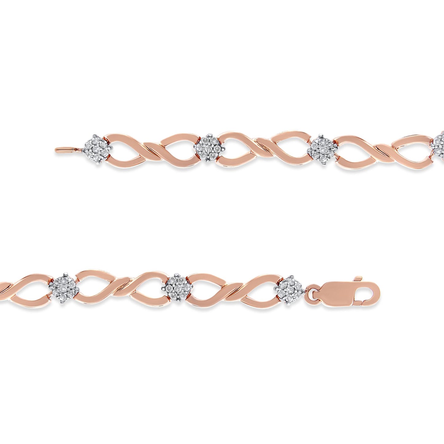 Close-up front view of a rose-colored bracelet with an intertwined link design, featuring round-shaped white gemstones in a pave setting spaced evenly along the chain, shown laid flat on a white background.