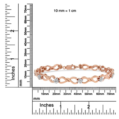 Rose metal bracelet with round white gemstones in pave setting, displayed flat on a ruler for size reference, front angle shot.